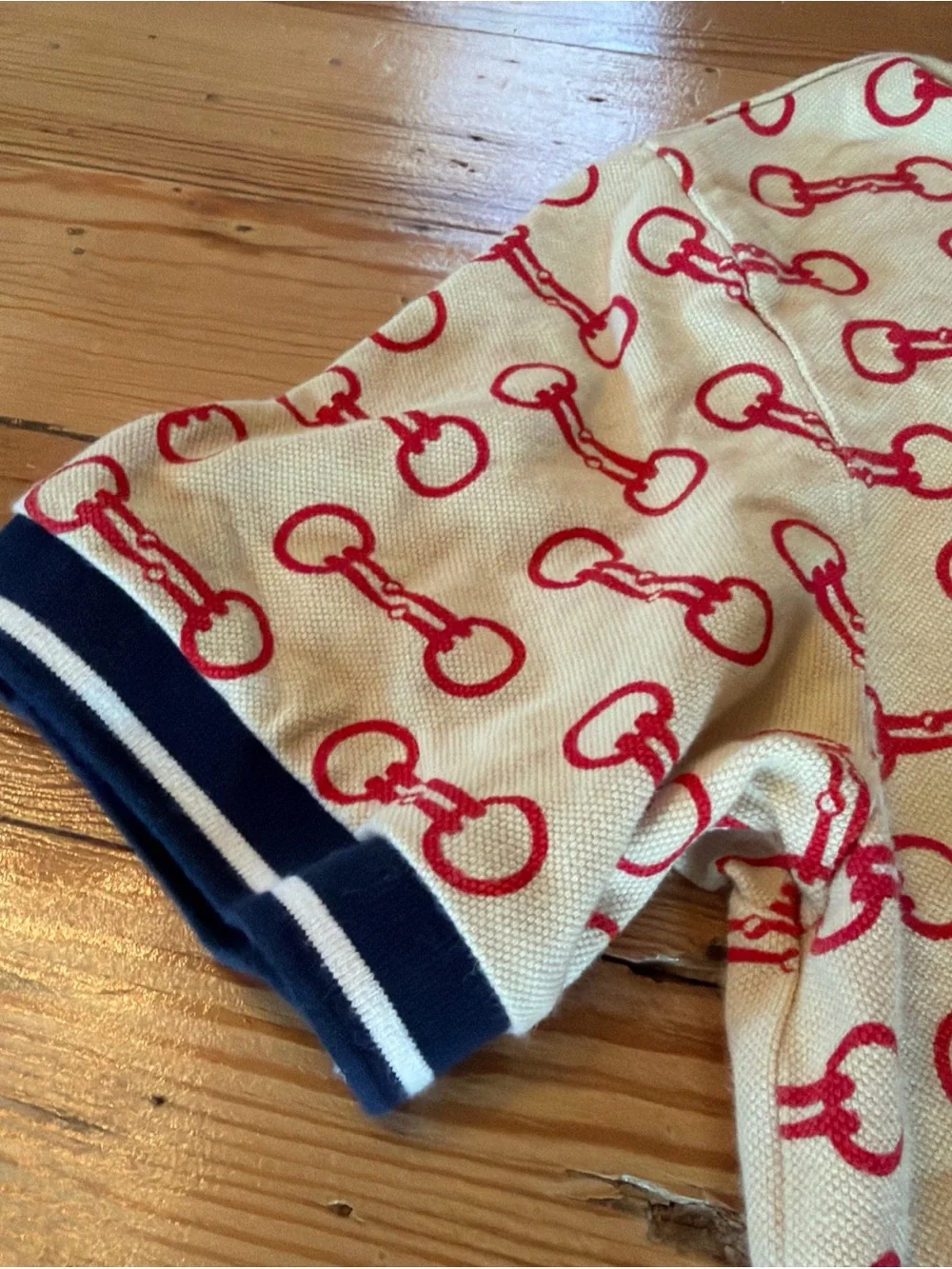 GUCCI HORSEBIT PRINT COTTON POLO SHIRT Cream Red Size Small